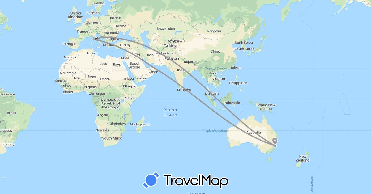 TravelMap itinerary: driving, plane in United Arab Emirates, Armenia, Australia, Croatia, Italy (Asia, Europe, Oceania)
